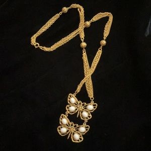 1970’s VINTAGE Double Golden BUTTERFLY Hippie Pendant Necklace Chic for SPRING!